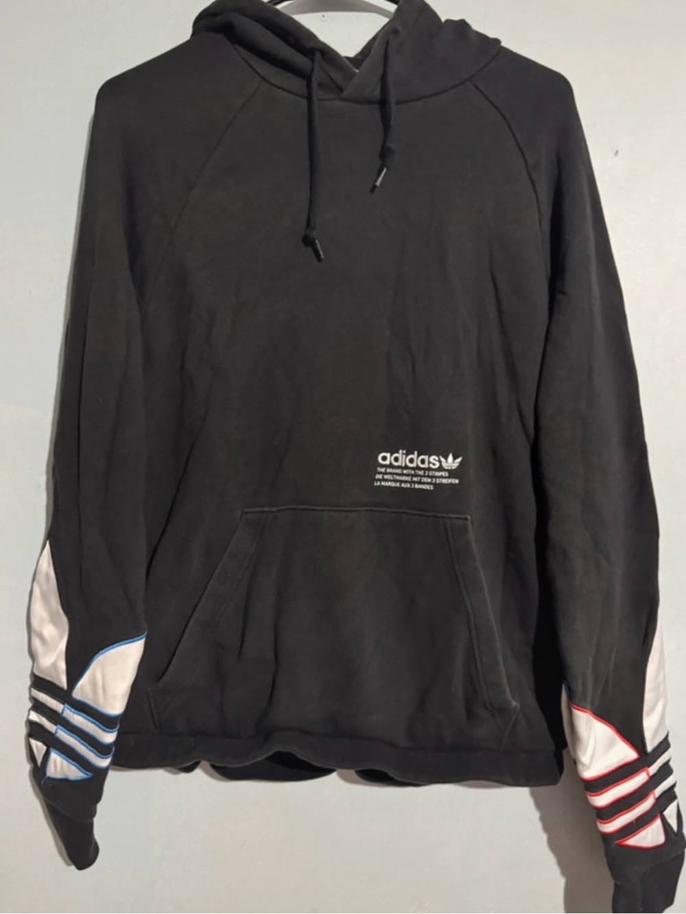 adidas Black Pullover Hoodie with Red & Blue Sleeve Accents